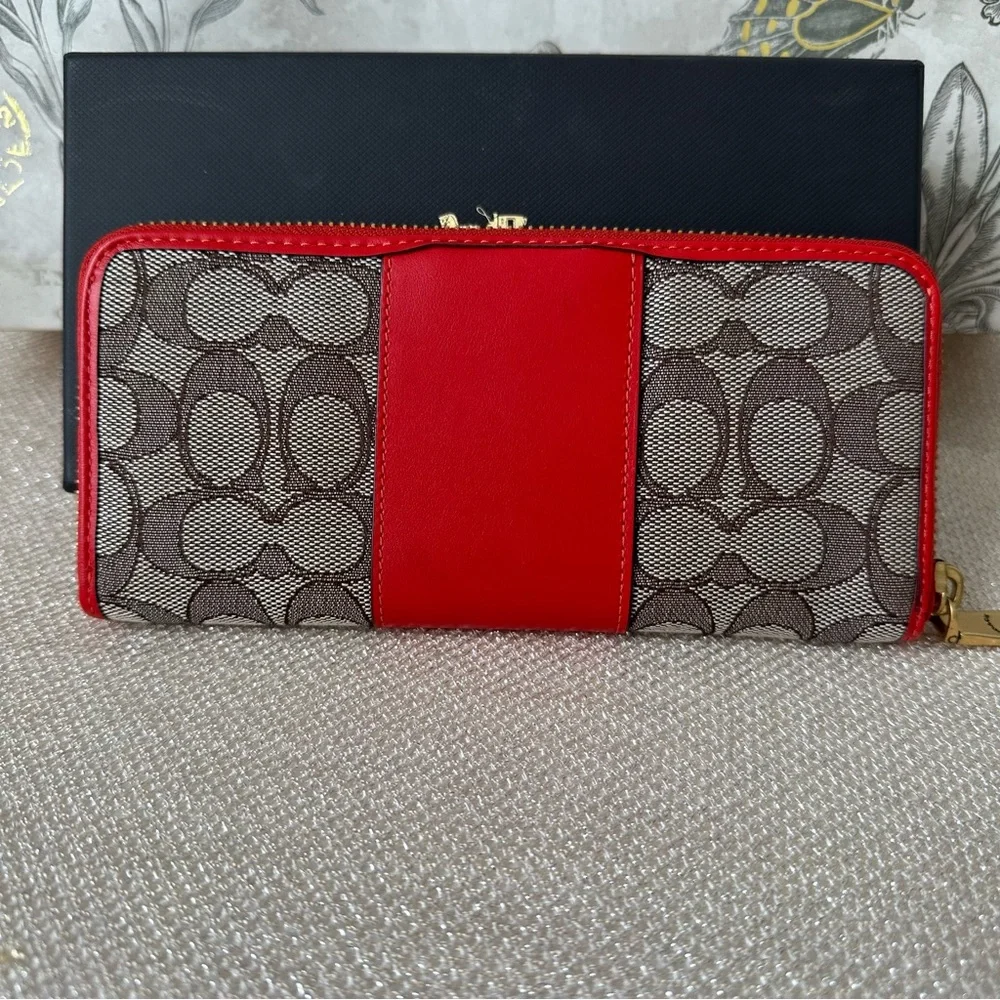 Coach Sport Red and Cocoa Brown Signature Jacquard Zip Accordion Wallet C5731B